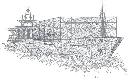 Wireframe representation of a cargo ship, illustrating maritime logistics in the supply chain.